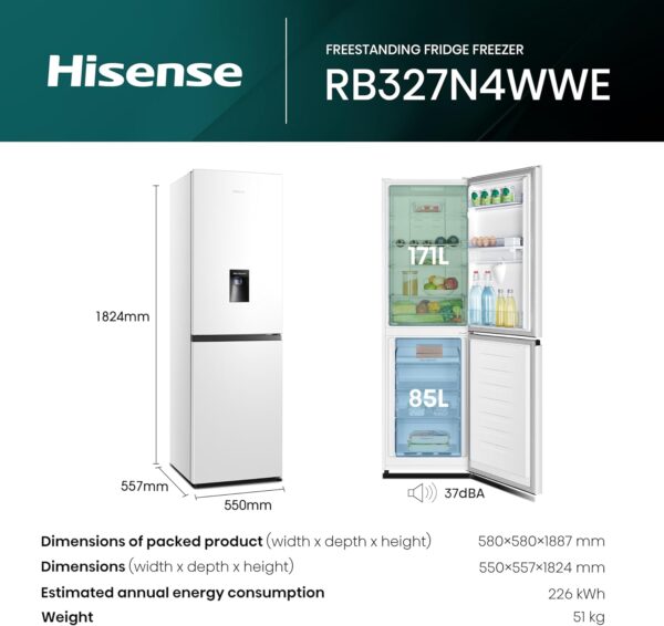 Hisense RB327N4WWE 55cm Freestanding 50/50 Fridge Freezer